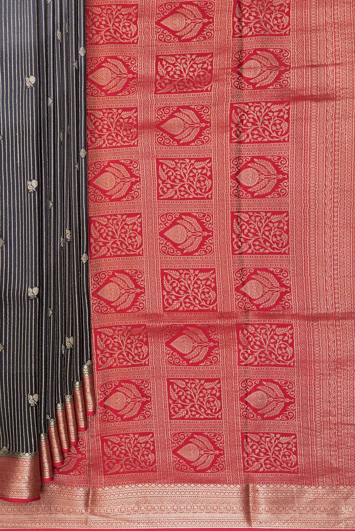 Pleats and pallu of Pure Silk Black and Grey Color Mysore Silk Saree with Stripes on the body and Zari Border. 