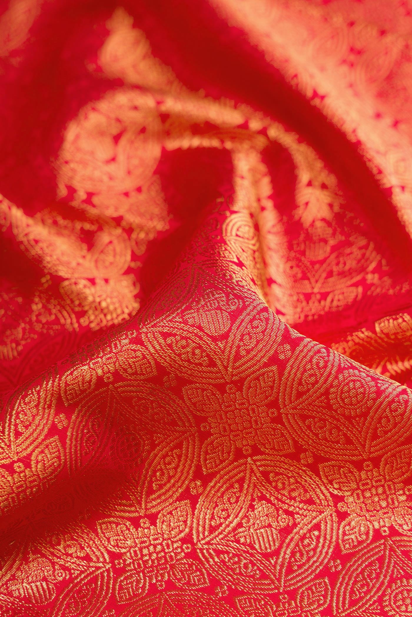 Close up of Red Dual Tone Kanchipuram Silk Saree with Zari Brocade on the body and Zari Border.  displaying folds