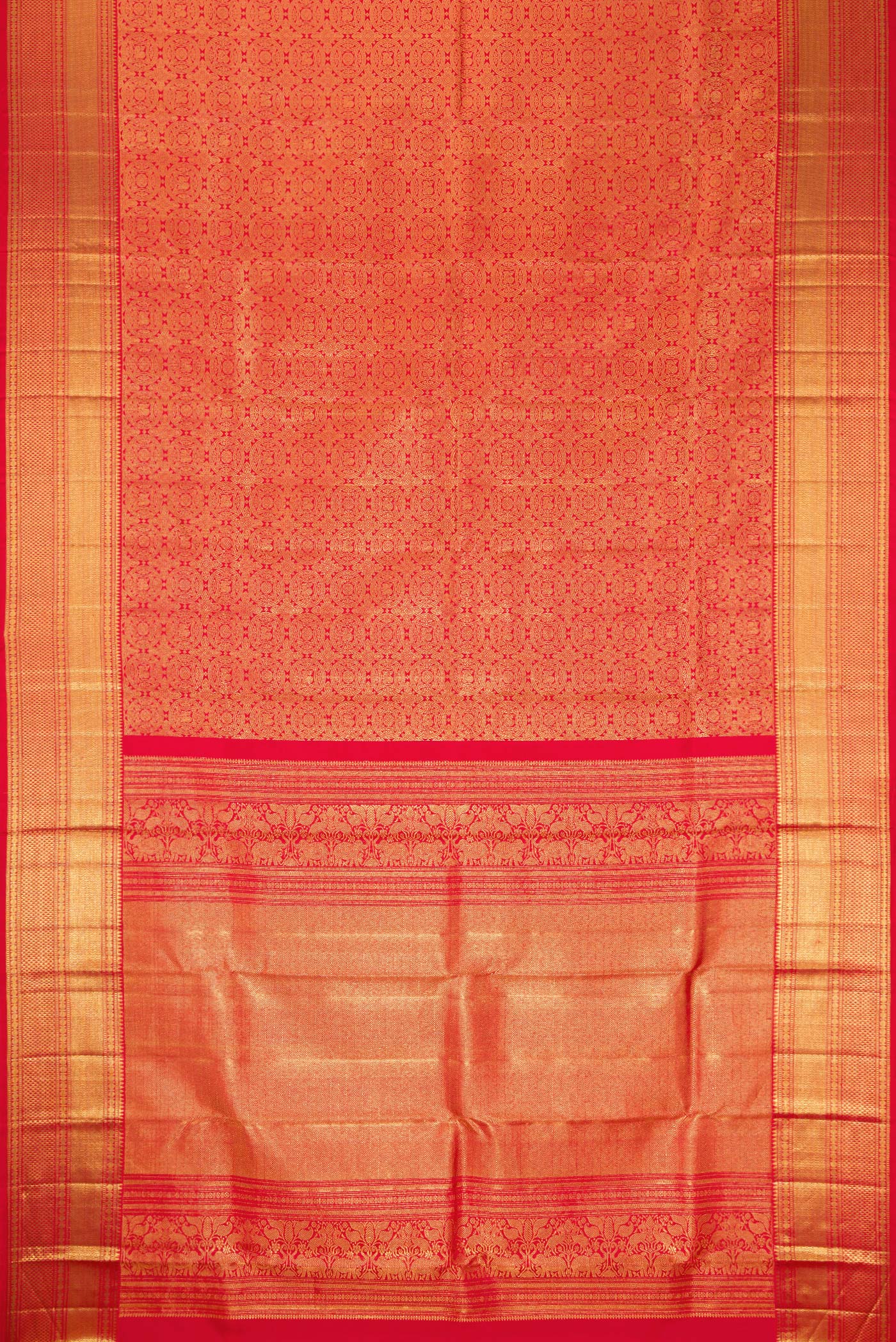 Flat view of Red Dual Tone Kanchipuram Silk Saree with Zari Brocade on the body and Zari Border. 