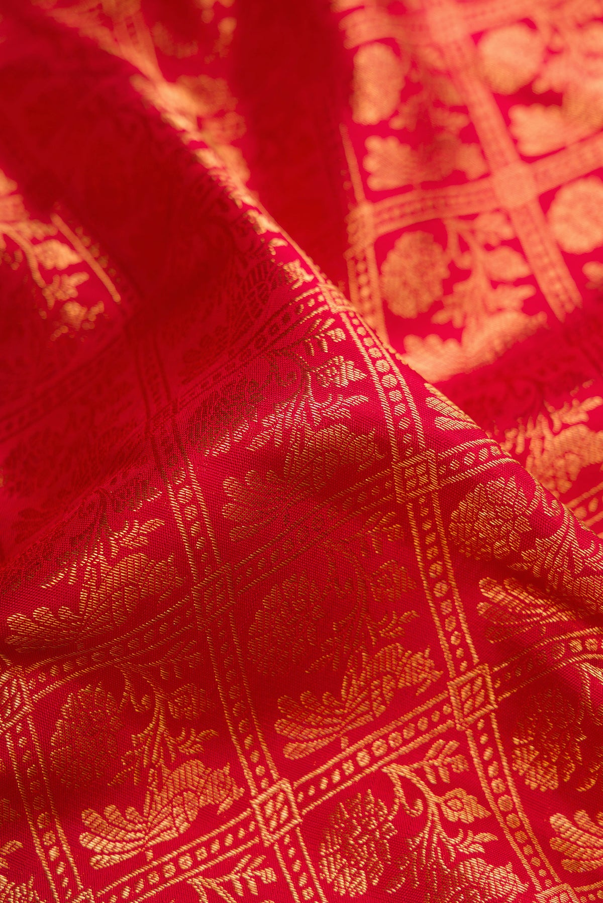 Close up of Red Dual Tone Kanchipuram Silk Saree with Zari Brocade on the body and Zari Border.  displaying folds