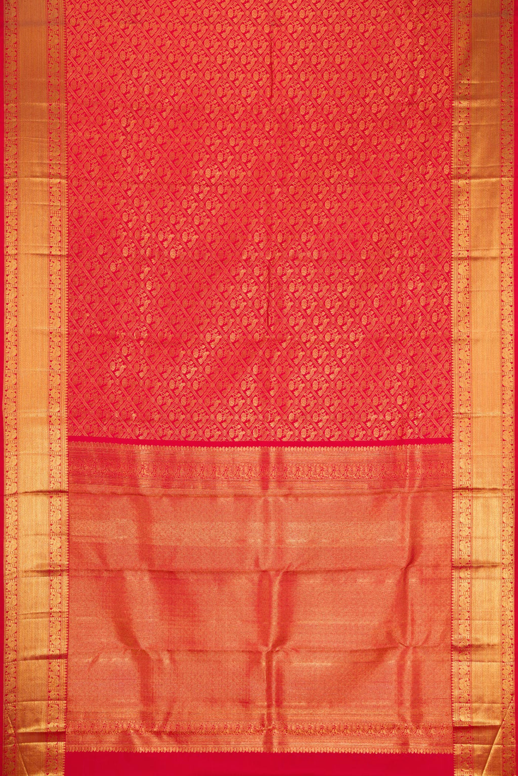 Flat view of Red Dual Tone Kanchipuram Silk Saree with Zari Brocade on the body and Zari Border. 