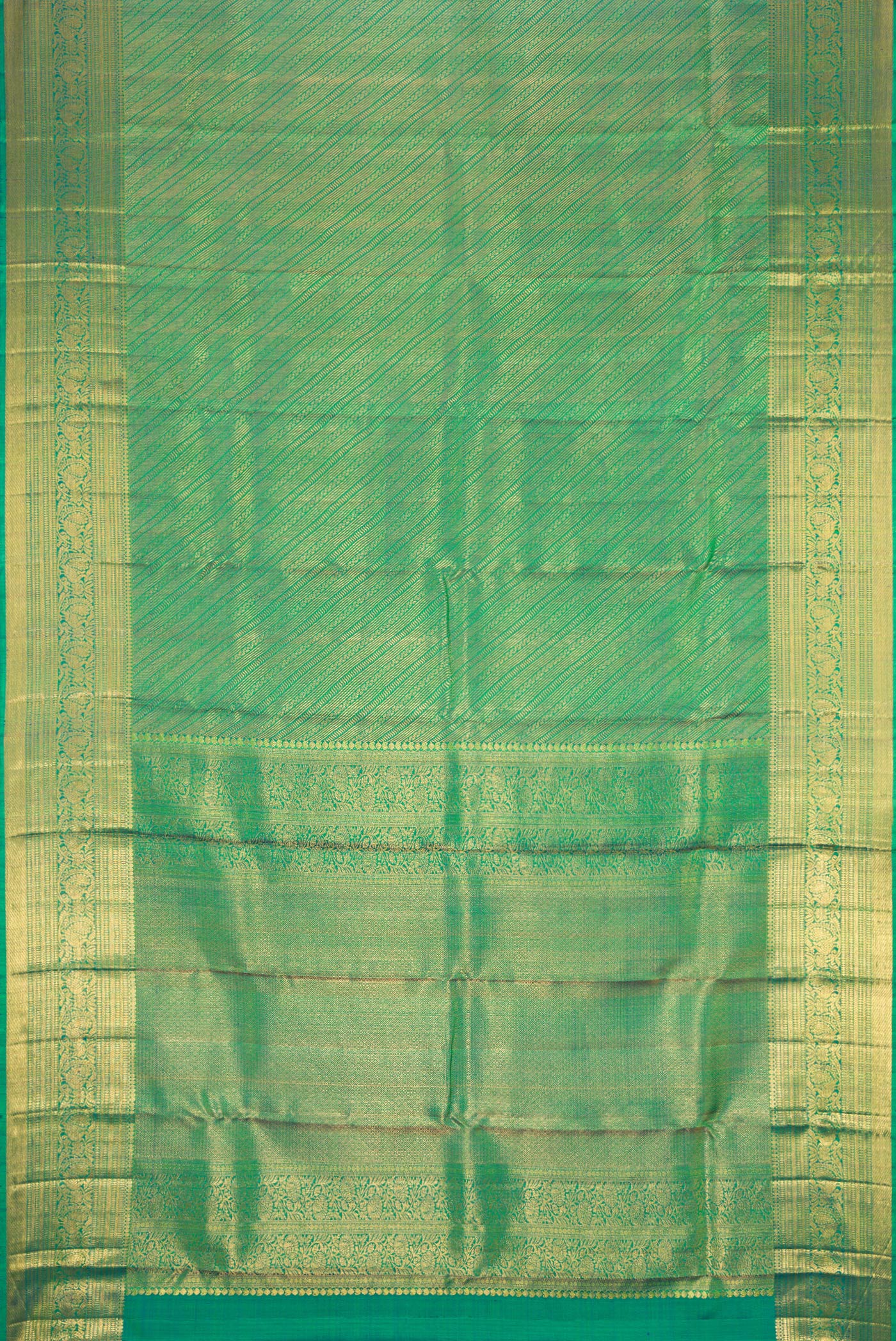 Flat view of Green Dual Tone Kanchipuram Silk Saree with Zari Brocade on the body and Zari Border. 