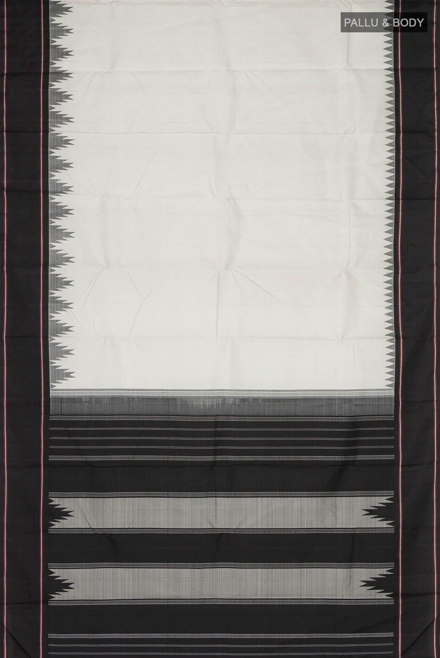 Flat view of Grey Kanchipuram Silk Saree with Plain Body and Temple Border