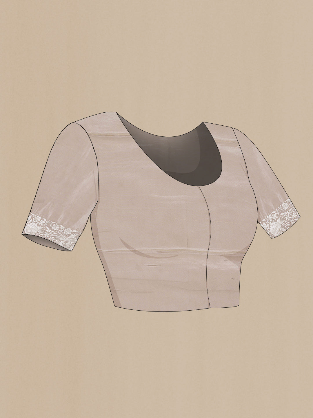 Close up image of the blouse of Beige Dual Tone Organza Silk Saree with Printed design on the body and Embroidery Border