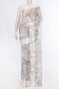 Grey Dual Tone Georgette SareePrinted design on the body and Embroidery Border displayed on a mannequin