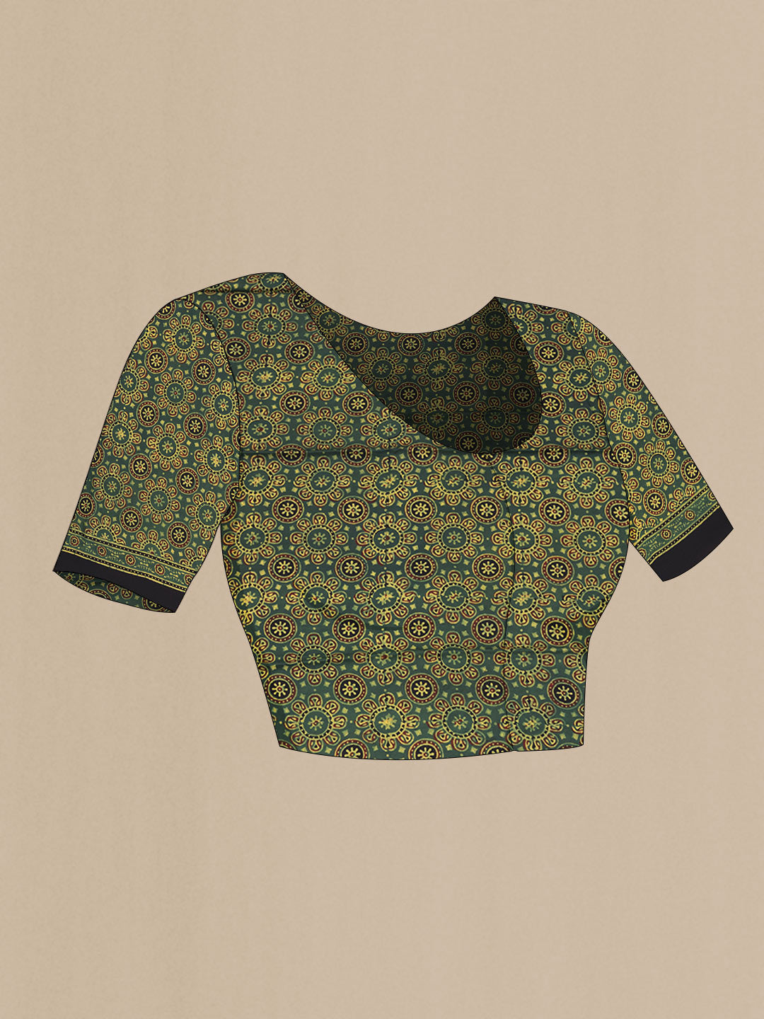 Close up image of the blouse of Black Dual Tone Satin Crepe SareePrinted design on the body and Printed Border