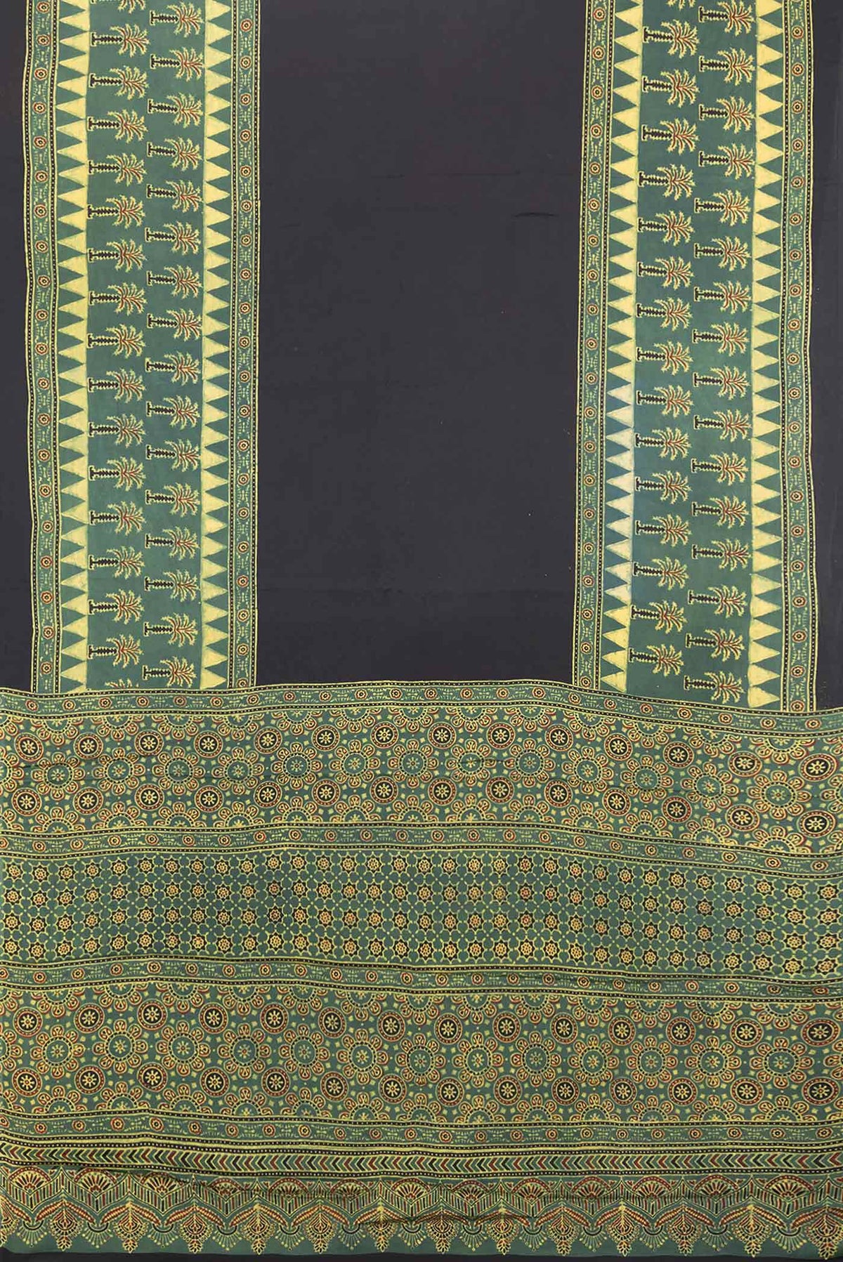 Flat view of Black Dual Tone Satin Crepe SareePrinted design on the body and Printed Border