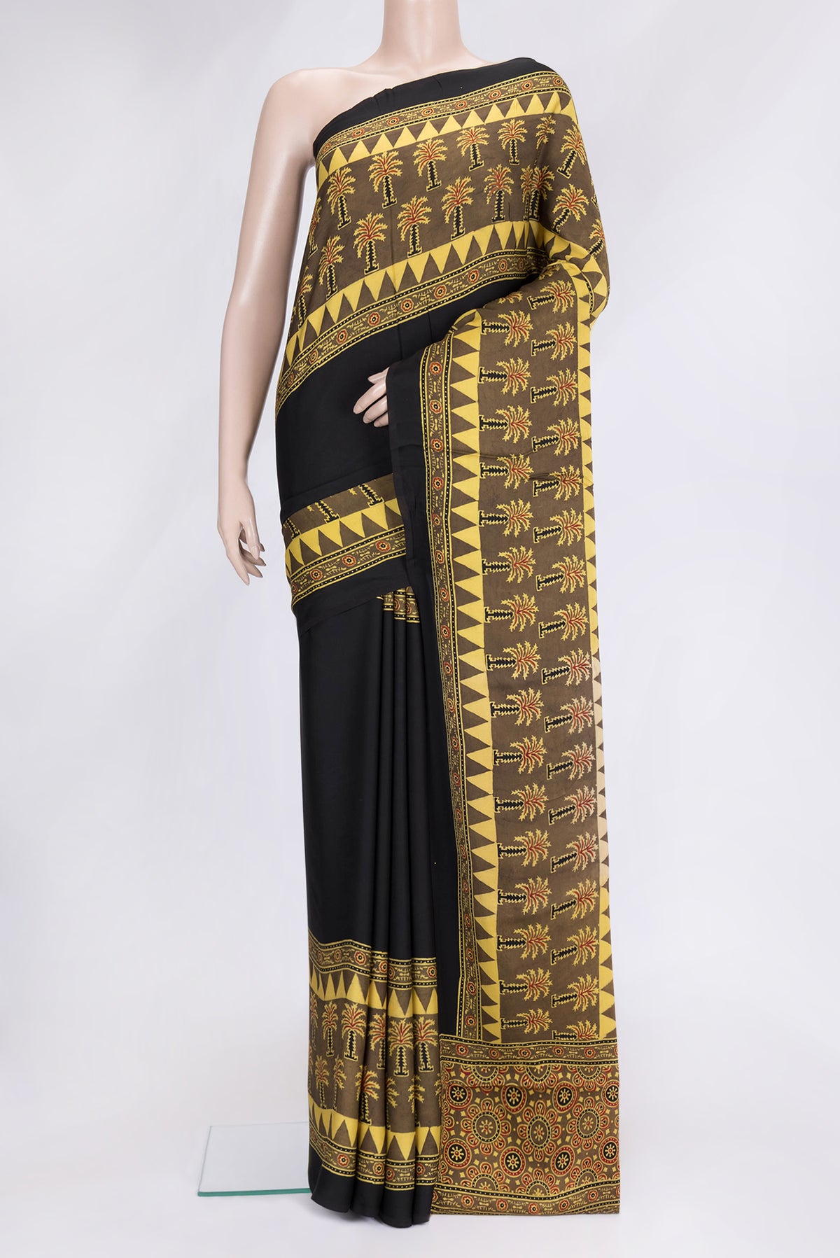 Black Dual Tone Blended Satin Crepe Saree with Plain Body and Printed Border.  displayed on a mannequin