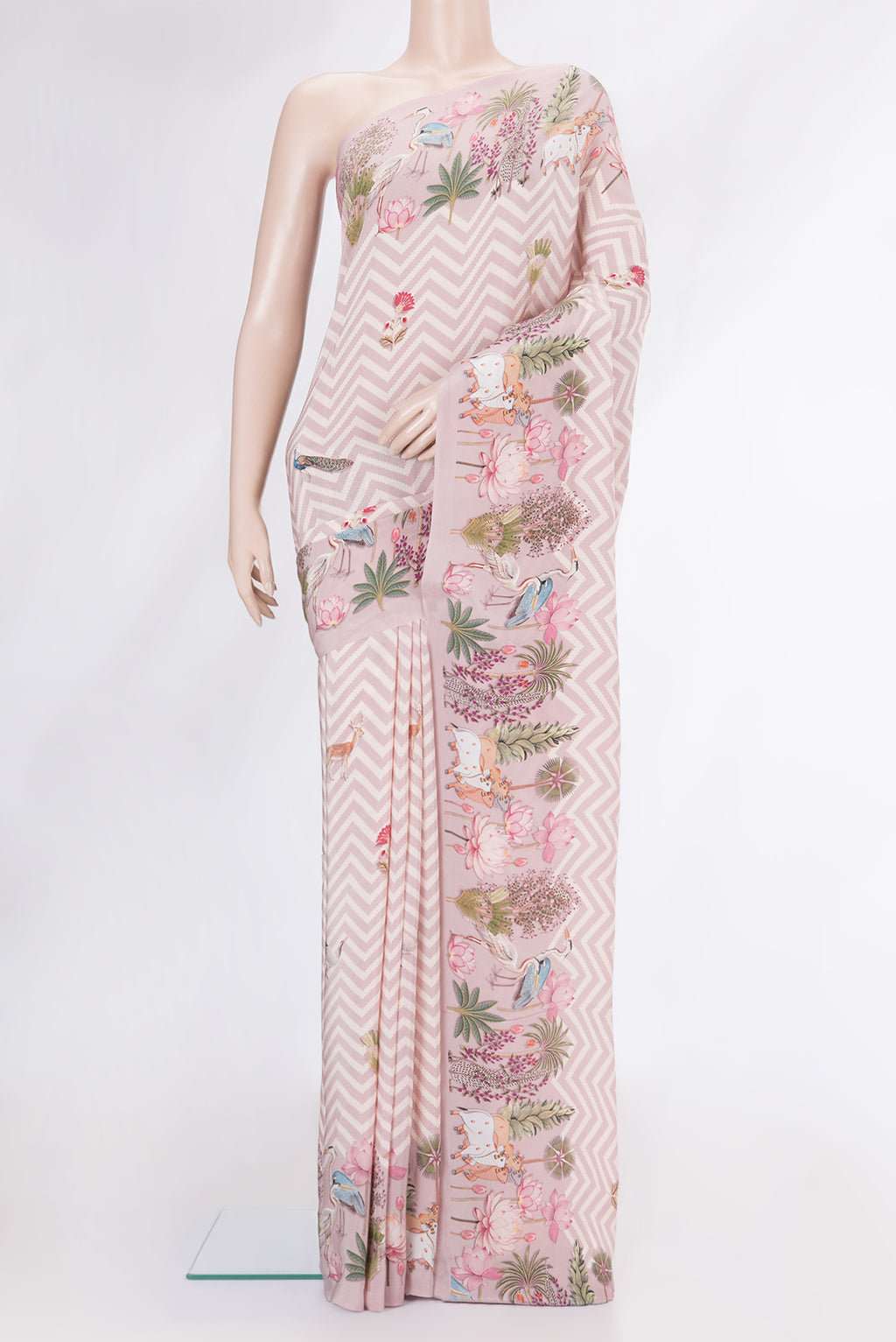 Pink Dual Tone Mysore Crepe Saree with Printed design on the body and Printed Border.  displayed on a mannequin