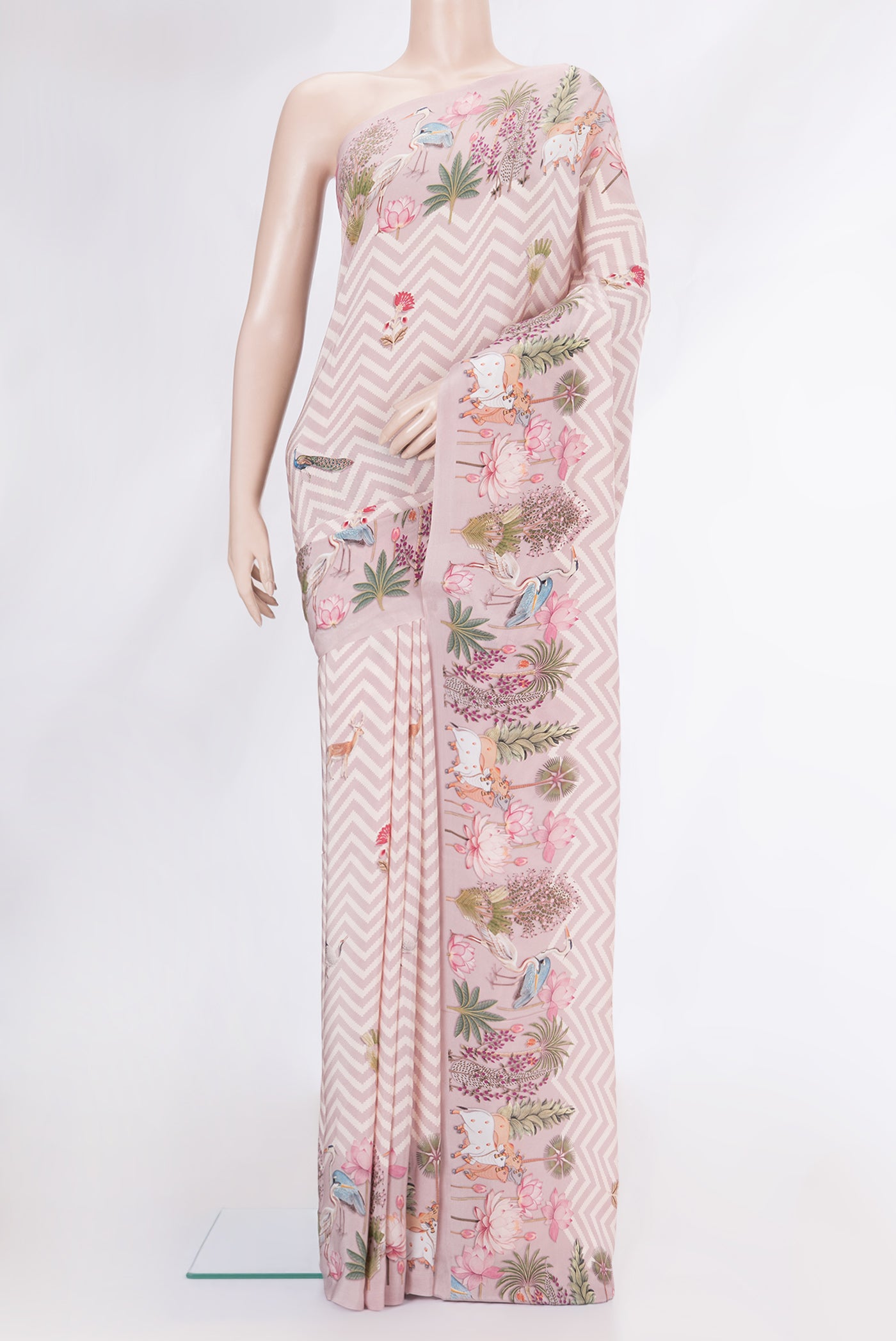 Pink Dual Tone Mysore Crepe Saree with Printed design on the body and Printed Border.  displayed on a mannequin