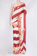 Red Crepe Saree with Printed design on the body and Without Border.  displayed on a mannequin