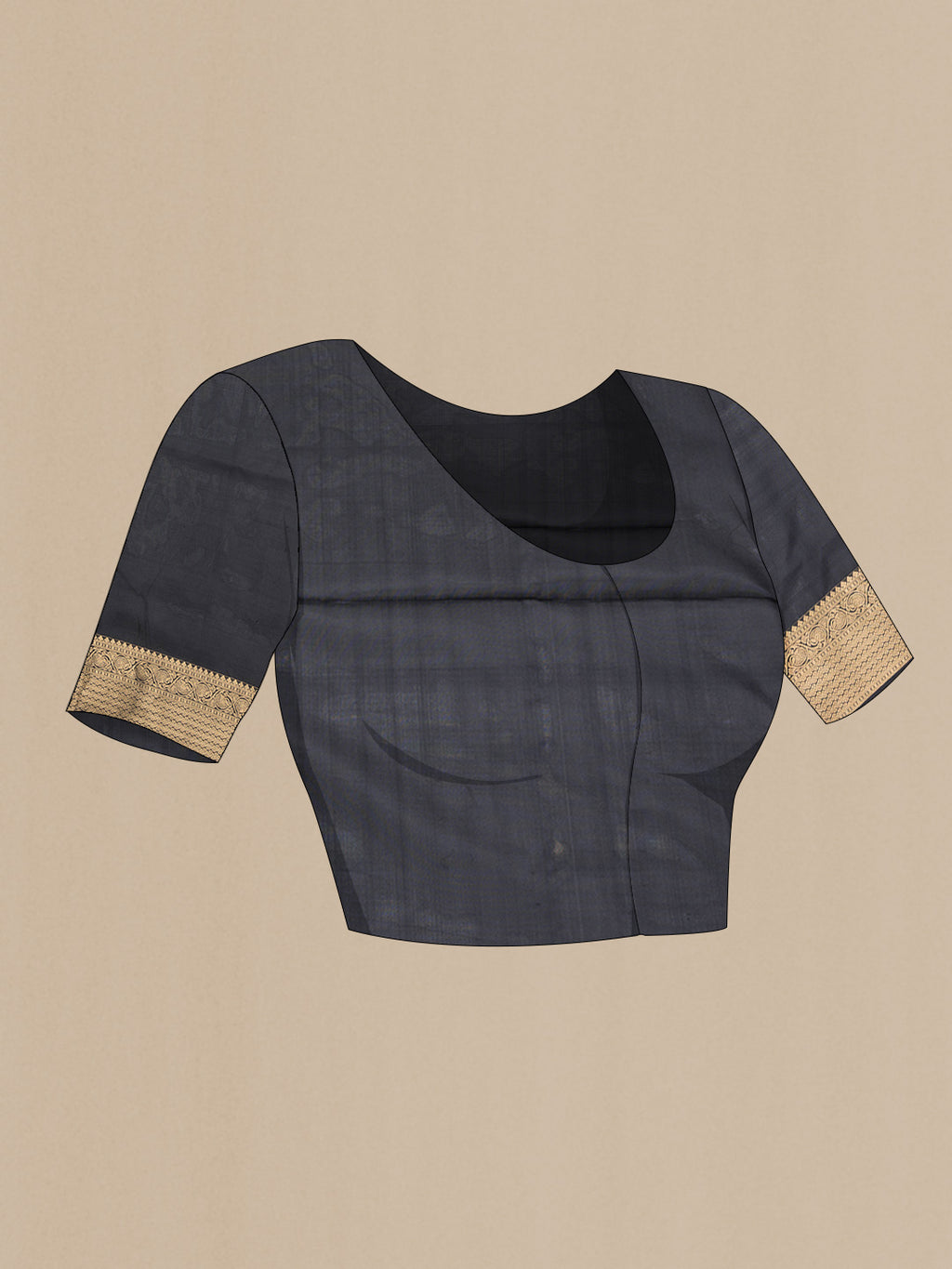 Close up image of the blouse of Black Dual Tone Soft Silk Saree with Zari Brocade on the body and Zari Border. 