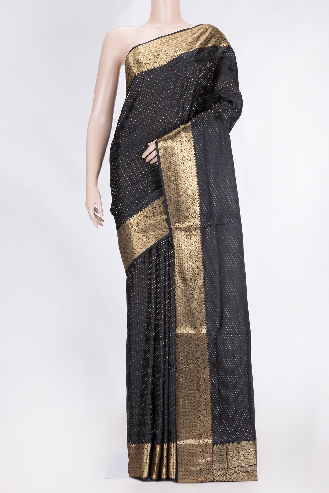 Black Dual Tone Soft Silk Saree with Zari Brocade on the body and Zari Border.  displayed on a mannequin