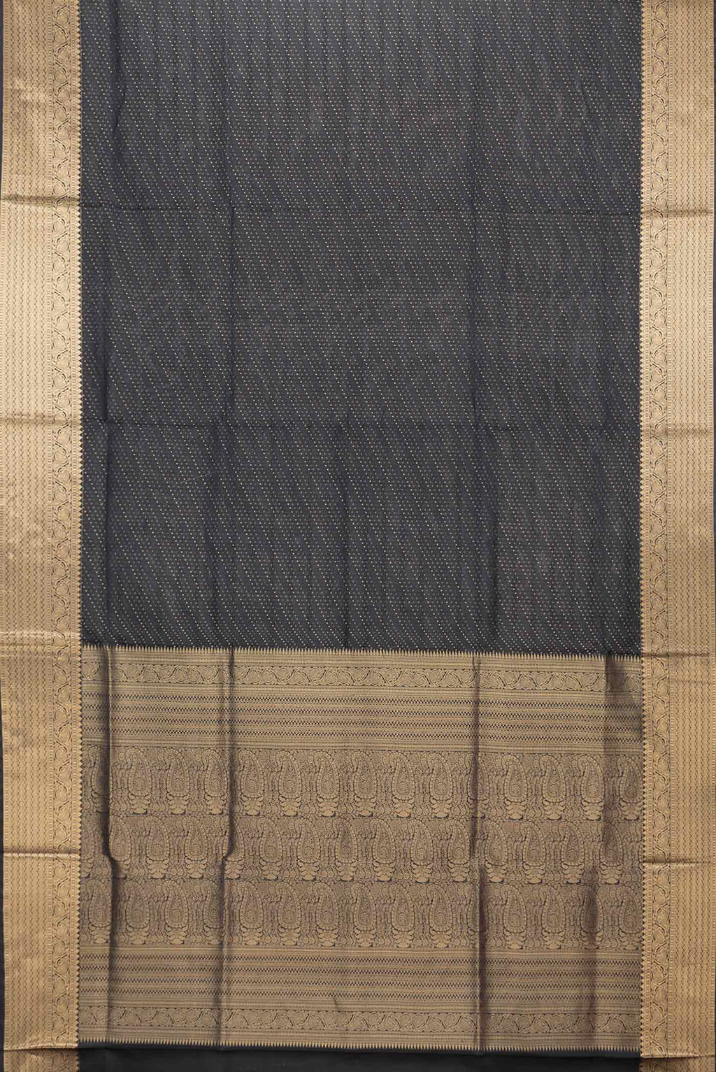 Flat view of Black Dual Tone Soft Silk Saree with Zari Brocade on the body and Zari Border. 
