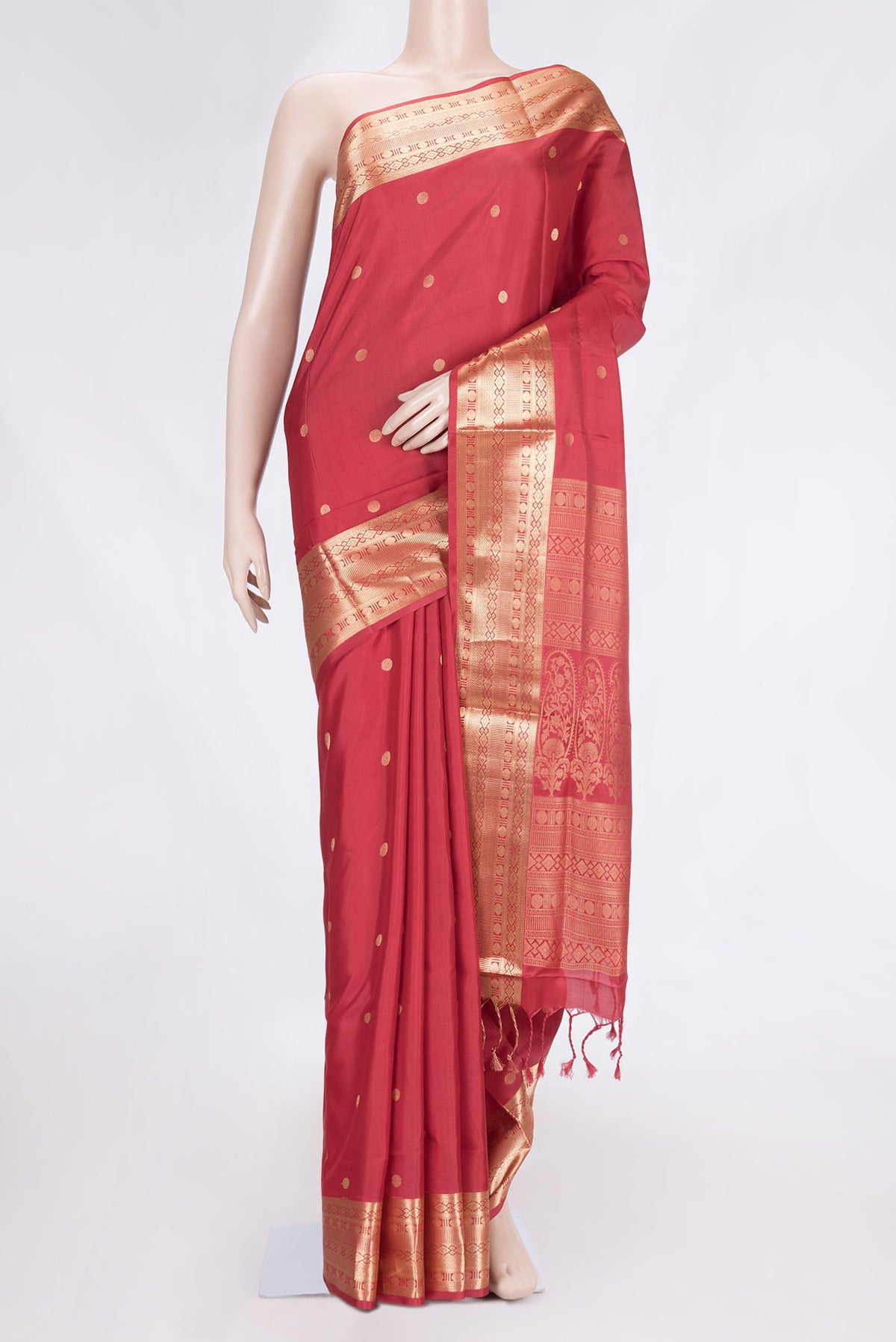 Red Dual Tone Soft Silk Saree with Zari Butta on the body and Zari Border.  displayed on a mannequin