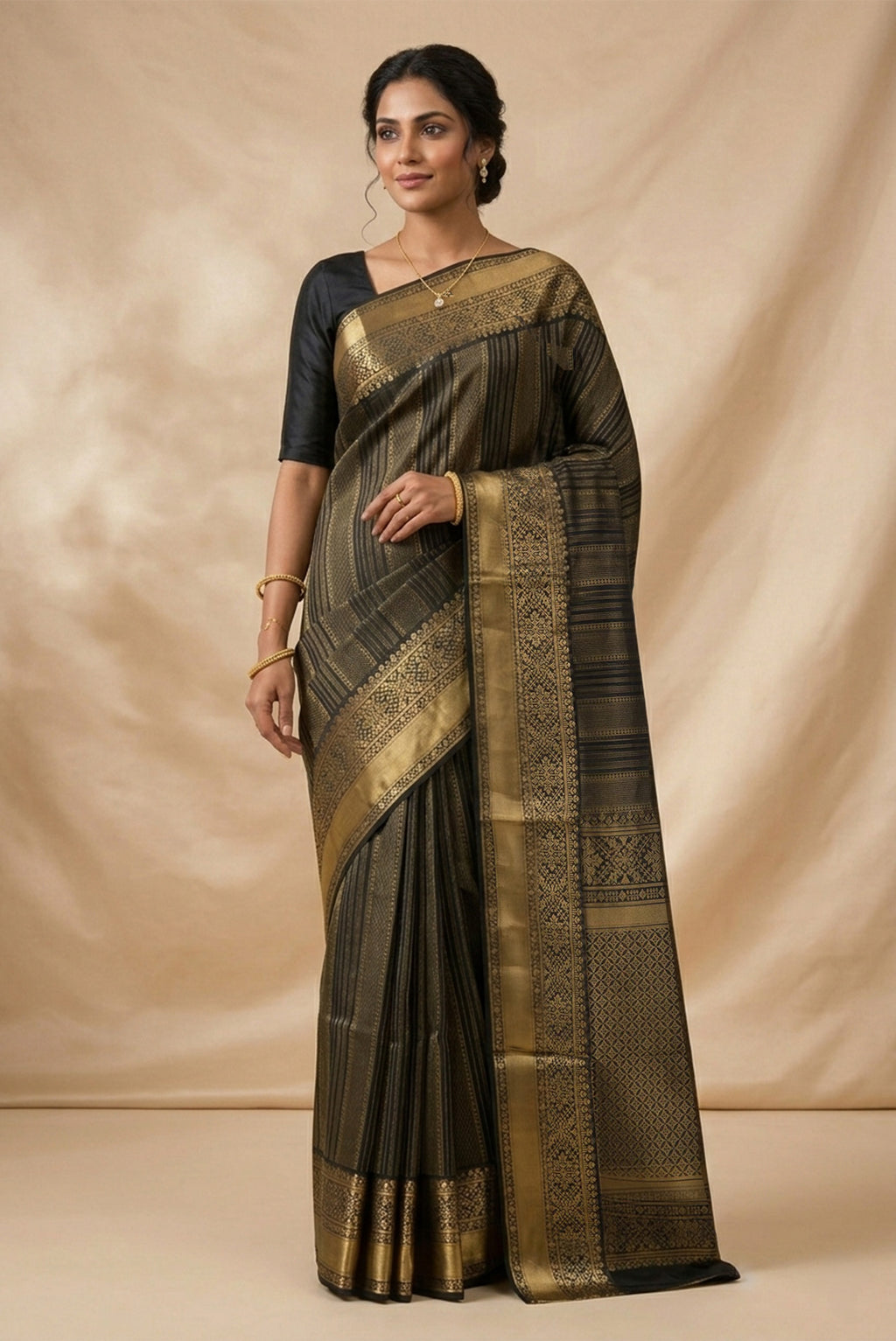 Model wearing a Black Soft Silk Saree with Stripes on the body and Zari Border.