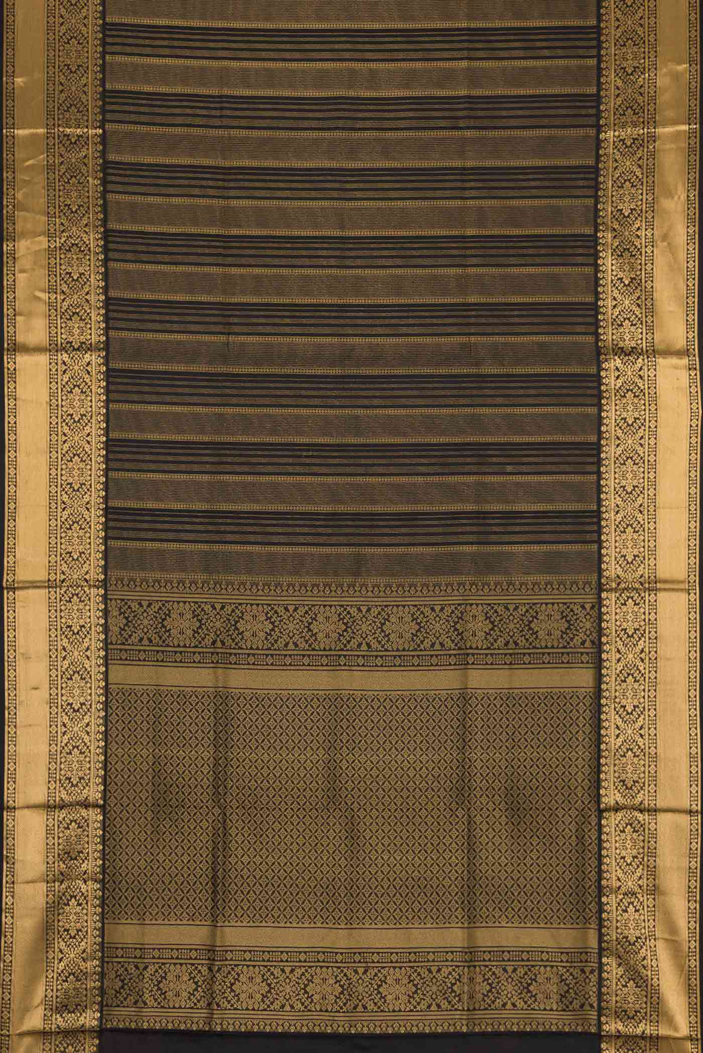 Flat view of Black Dual Tone Soft Silk Saree with Stripes on the body and Zari Border. 