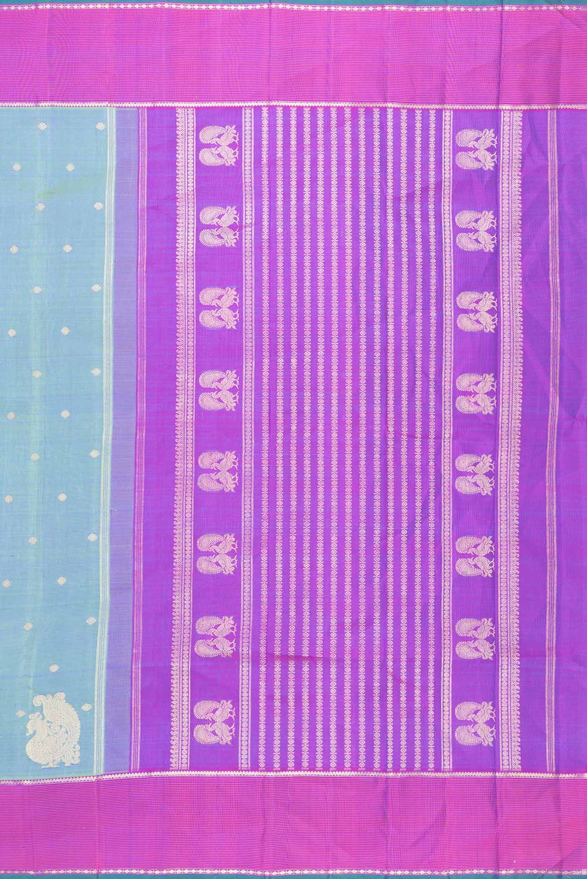 Close up image of the pallu of Green Dual Tone Kanchipuram Silk Saree with Zari Butta on the body and Zari Border