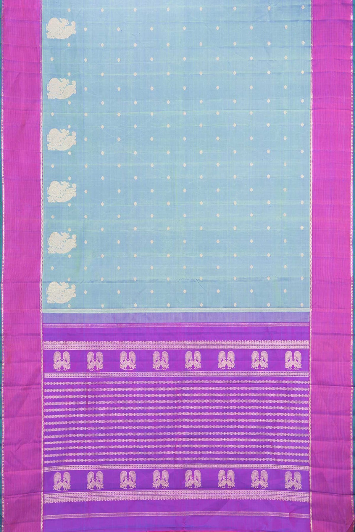 Flat view of Green Dual Tone Kanchipuram Silk Saree with Zari Butta on the body and Zari Border