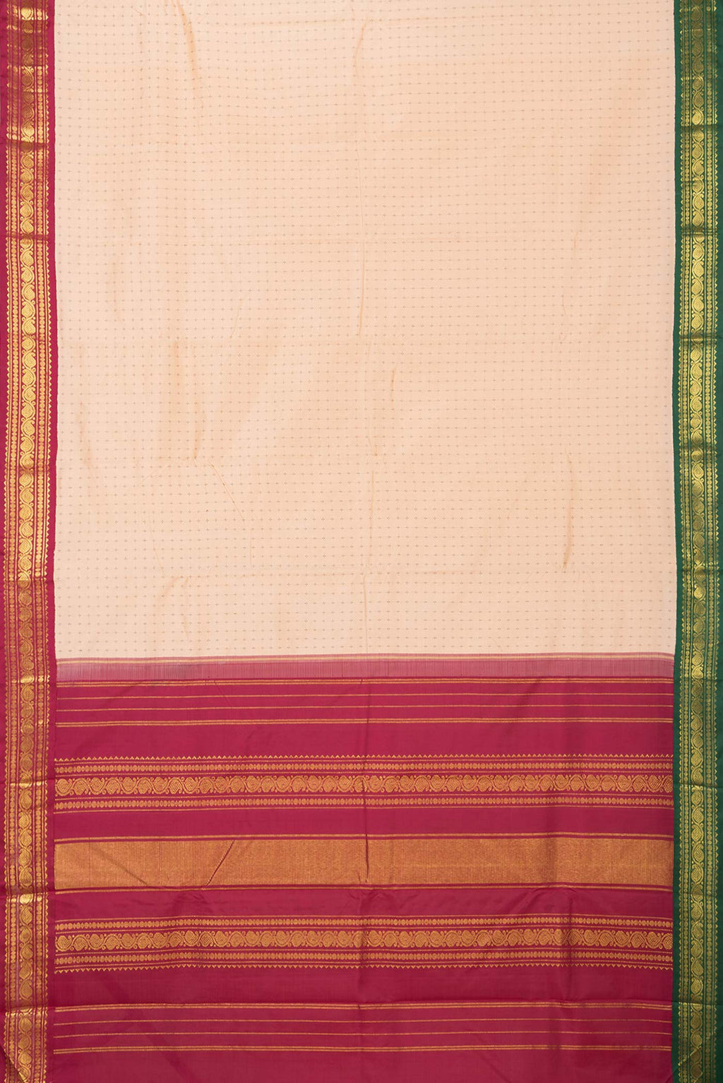 Flat view of Golden Peach Dual Tone Kanchipuram Silk Saree with Checked design on the body and Ganga Jamuna Border