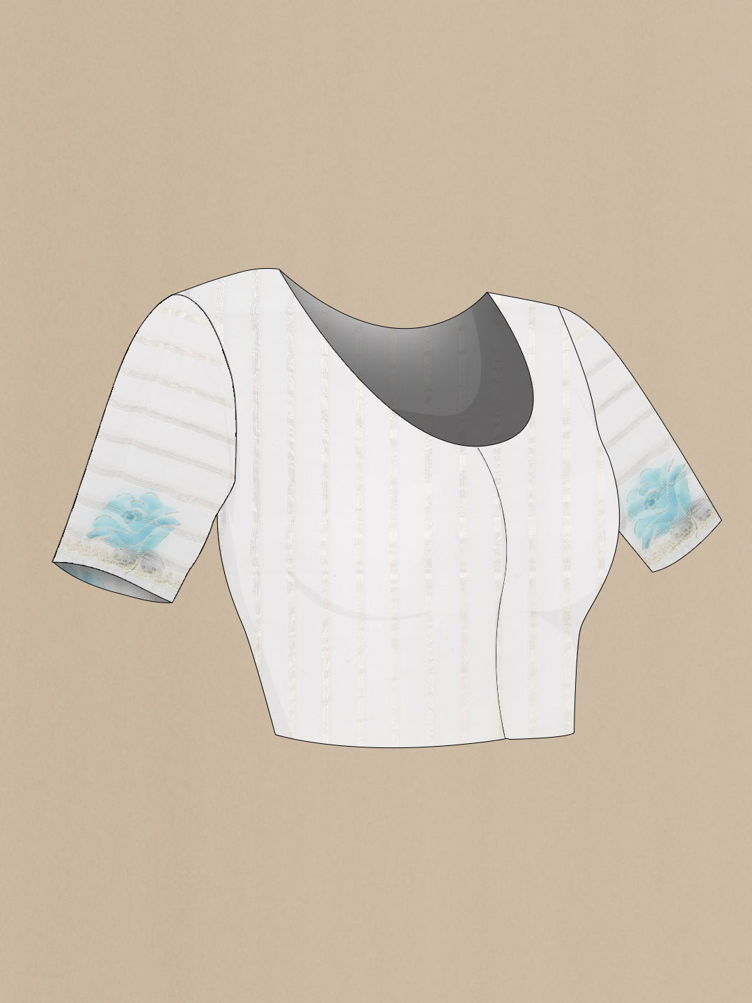 Close up image of the blouse of Off White Dual Tone Organza Silk Saree with Stripes on the body and Embroidery Border. 
