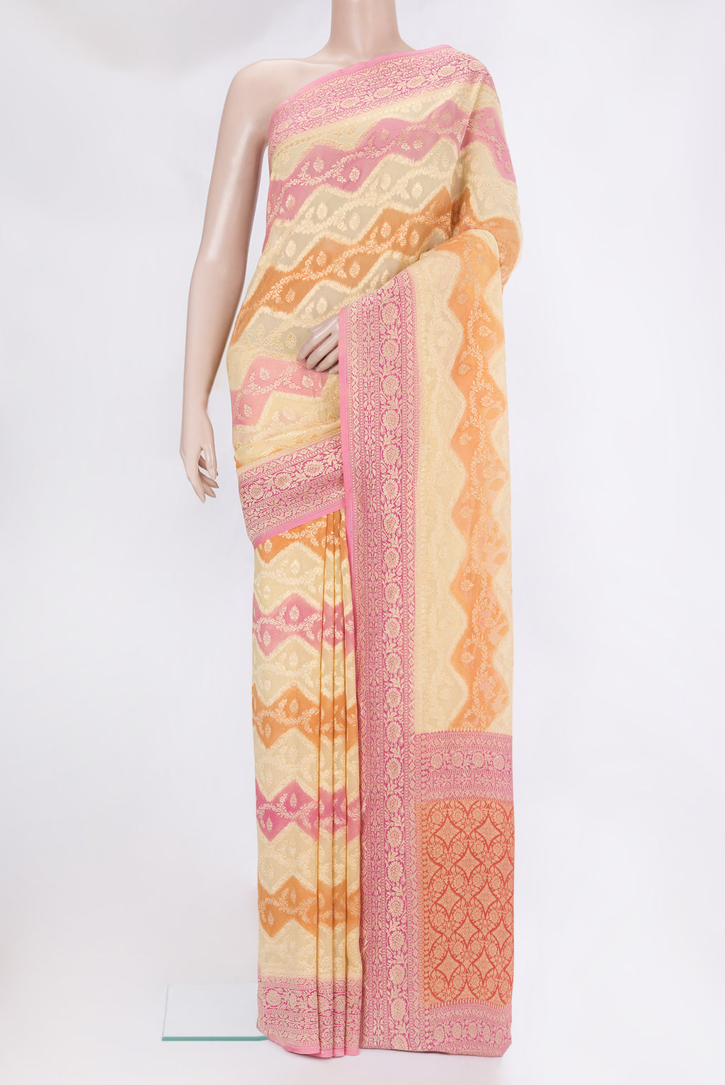 Multi Color Banarasi Georgette Saree with Zari Brocade on the body and Zari Border.  displayed on a mannequin