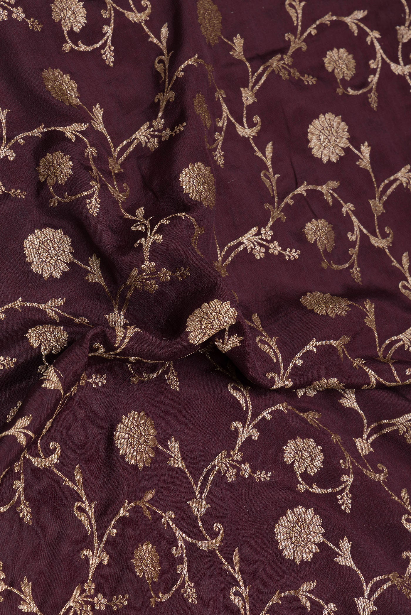 Close up of Coffee Brown Banarasi Georgette Saree with Zari Brocade on the body and Zari Border.  displaying folds