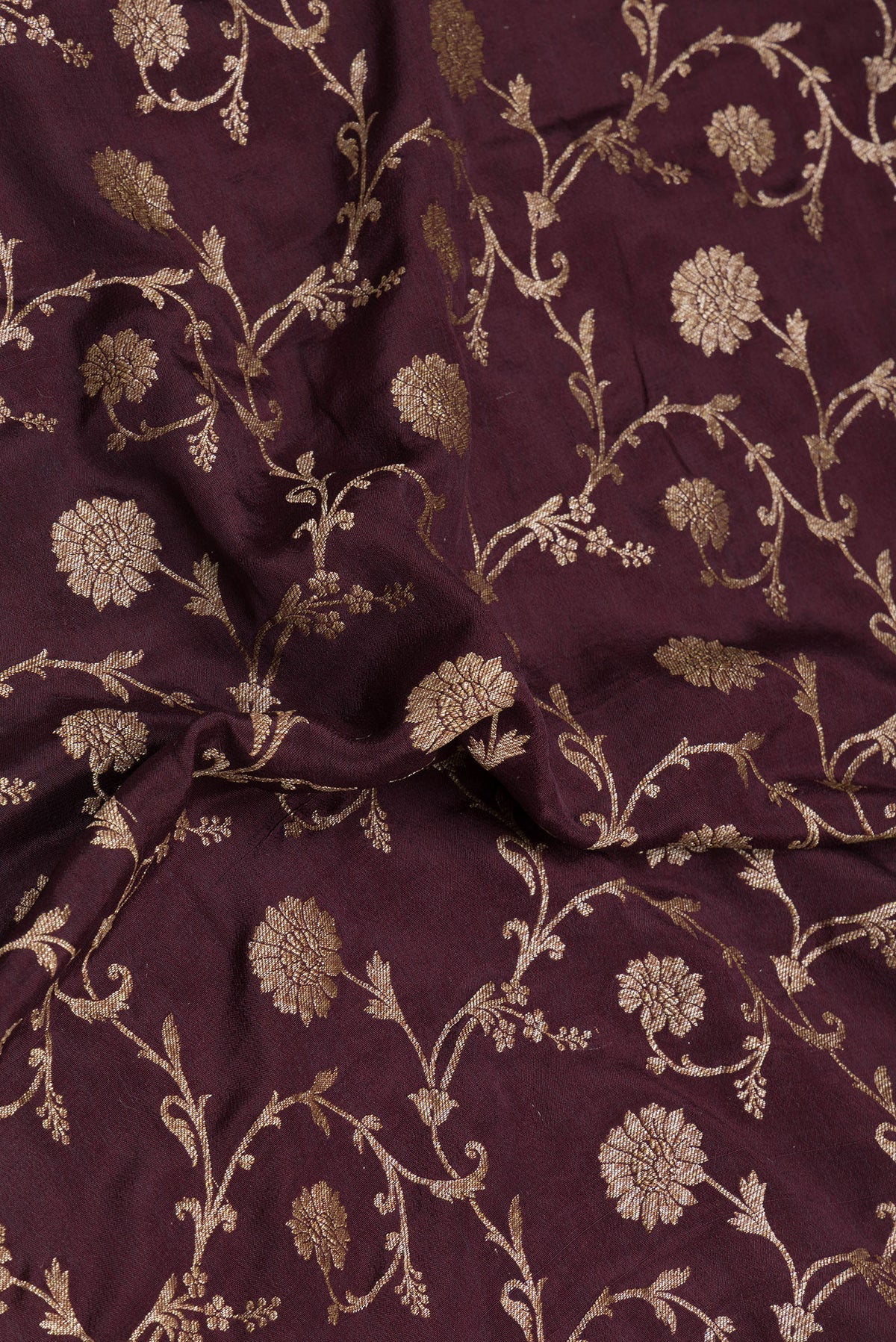 Close up of Coffee Brown Banarasi Georgette Saree with Zari Brocade on the body and Zari Border.  displaying folds