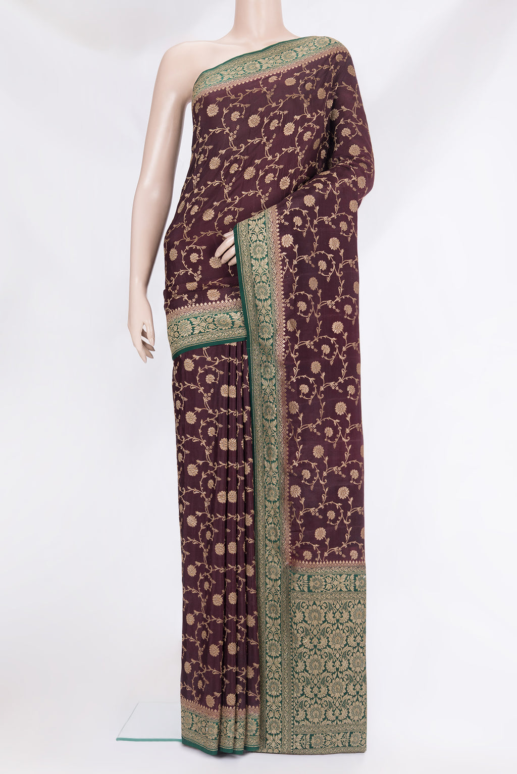 Coffee Brown Banarasi Georgette Saree with Zari Brocade on the body and Zari Border.  displayed on a mannequin