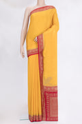 Yellow Banarasi Georgette Saree with Plain Body and Zari Border.  displayed on a mannequin