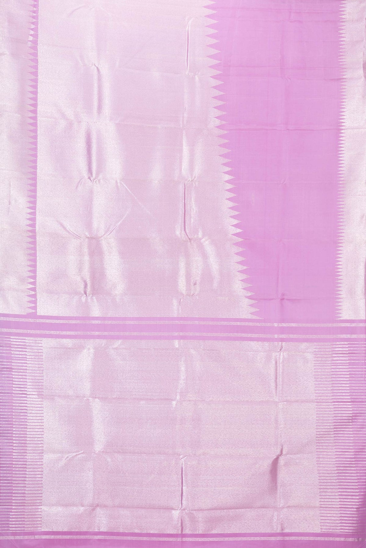 Flat view of Pink Dual Tone Kanchipuram Saree with Zari Brocade on the body and Zari Border