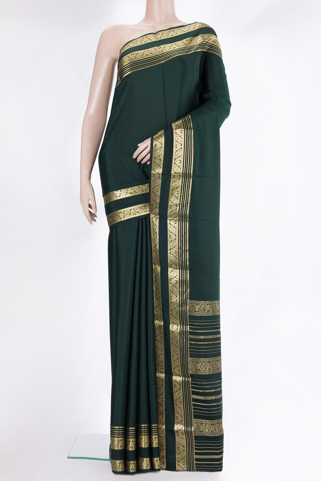 Bottle Green Mysore Chiffon Saree with Plain Body and Zari Border.  displayed on a mannequin
