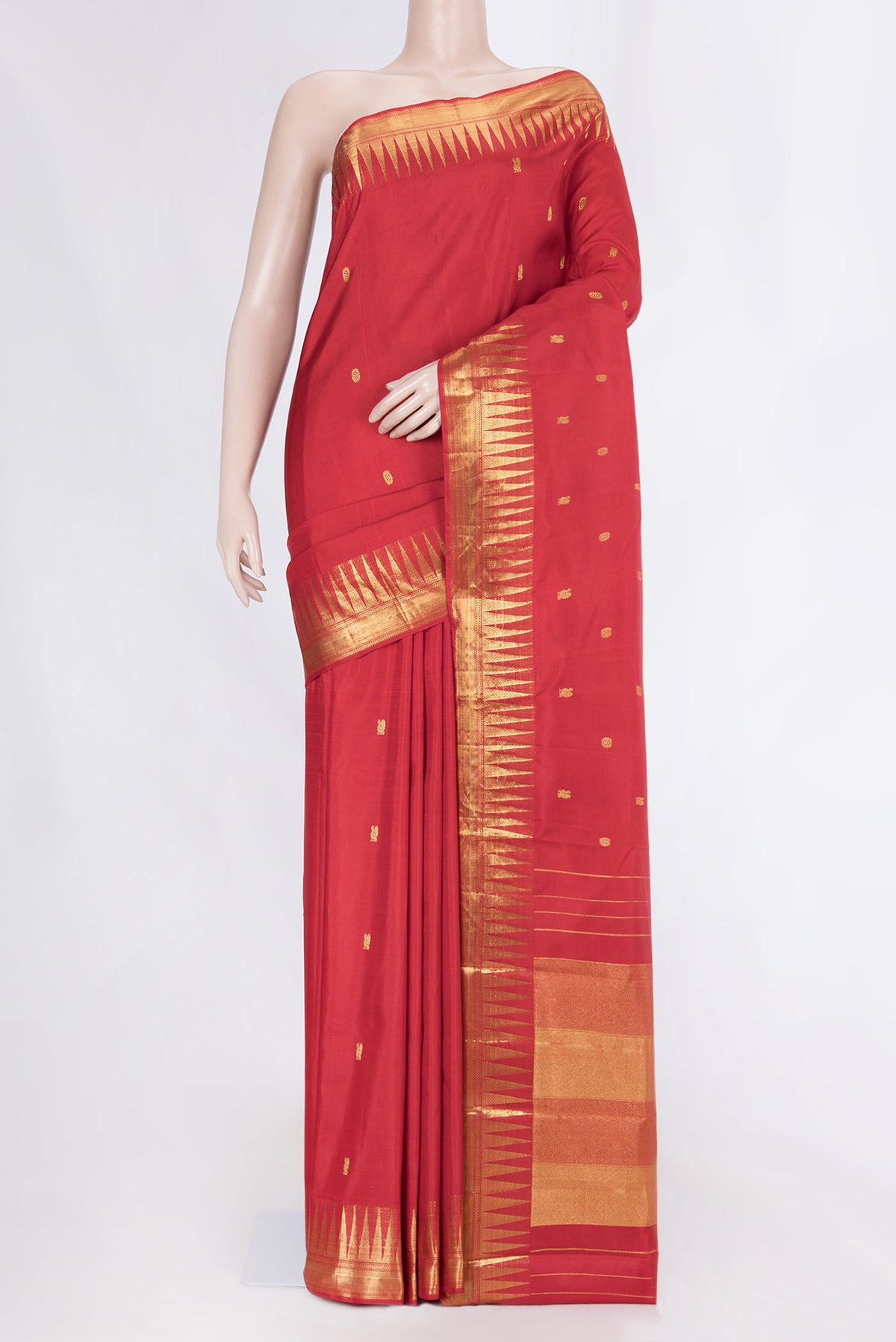 Red Dual Tone Kanchipuram Silk Saree with Zari Butta on the body and Zari Border displayed on a mannequin