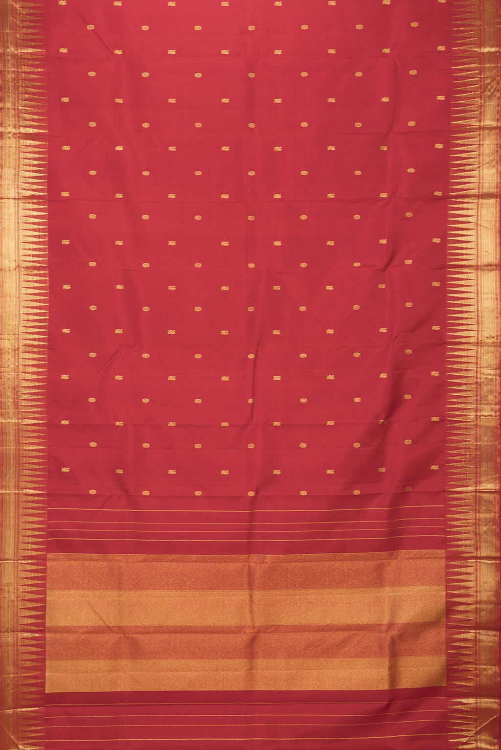 Flat view of Red Dual Tone Kanchipuram Silk Saree with Zari Butta on the body and Zari Border