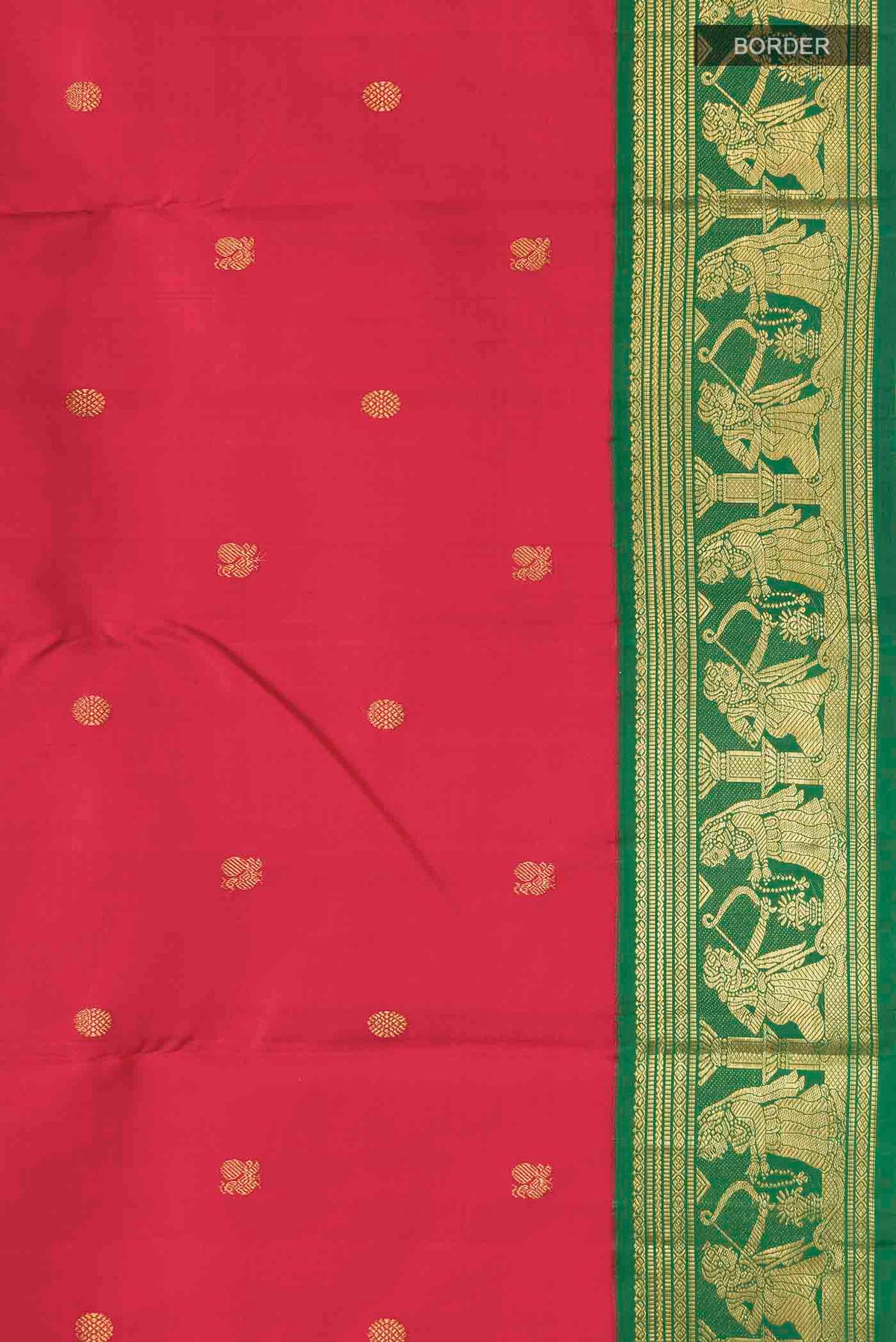 Border image of Red Kanchipuram Silk Saree with Zari Butta on the body and Zari Border
