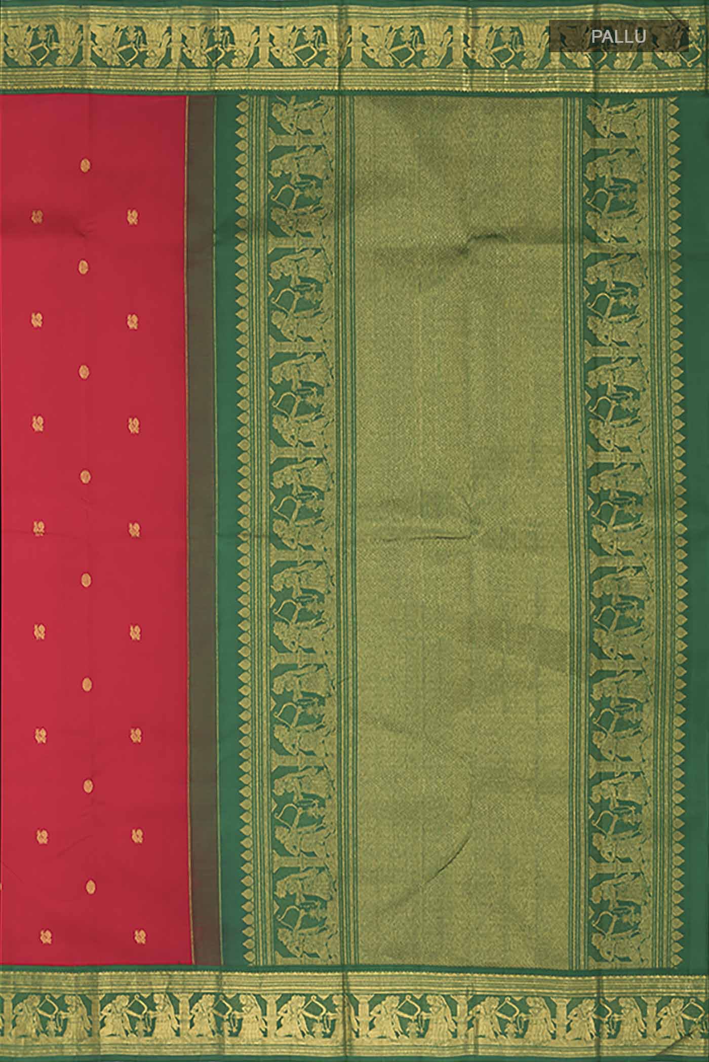 Close up image of the pallu of Red Kanchipuram Silk Saree with Zari Butta on the body and Zari Border