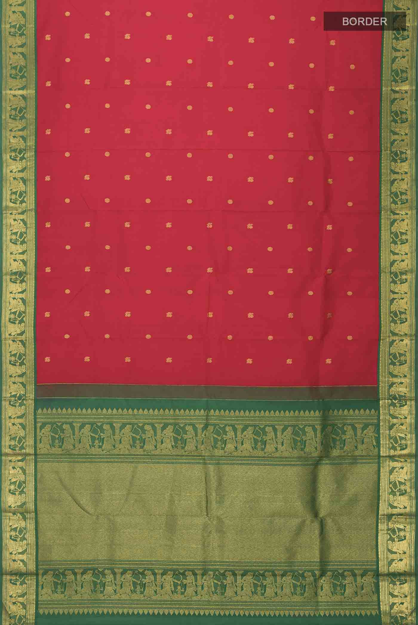 Flat view of Red Kanchipuram Silk Saree with Zari Butta on the body and Zari Border