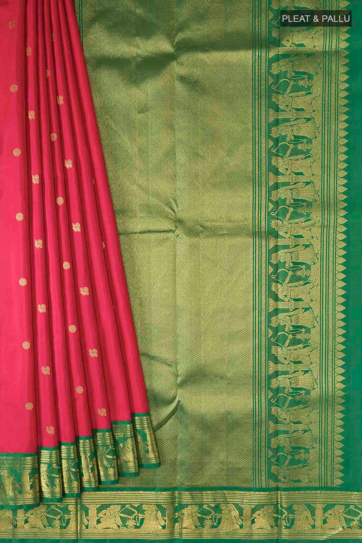 Pleats and pallu of Red Kanchipuram Silk Saree with Zari Butta on the body and Zari Border