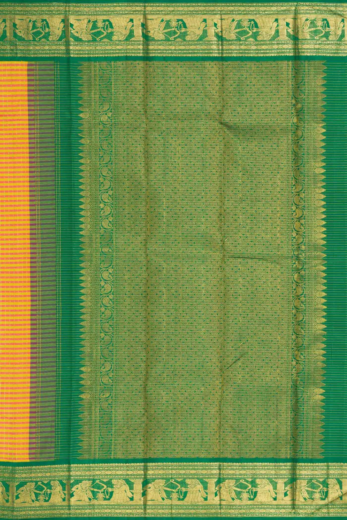 Close up image of the pallu of Yellow Dual Tone Kanchipuram Silk Saree with Checked design on the body and Fancy Border