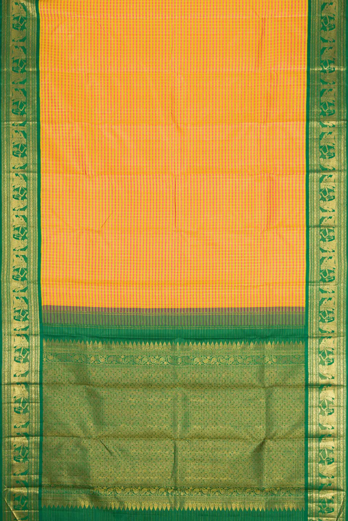 Flat view of Yellow Dual Tone Kanchipuram Silk Saree with Checked design on the body and Fancy Border