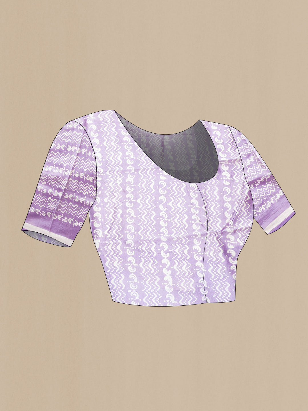 Close up image of the blouse of Lavender Dual Tone Tussar Silk Saree with Printed design on the body and Printed Border. 