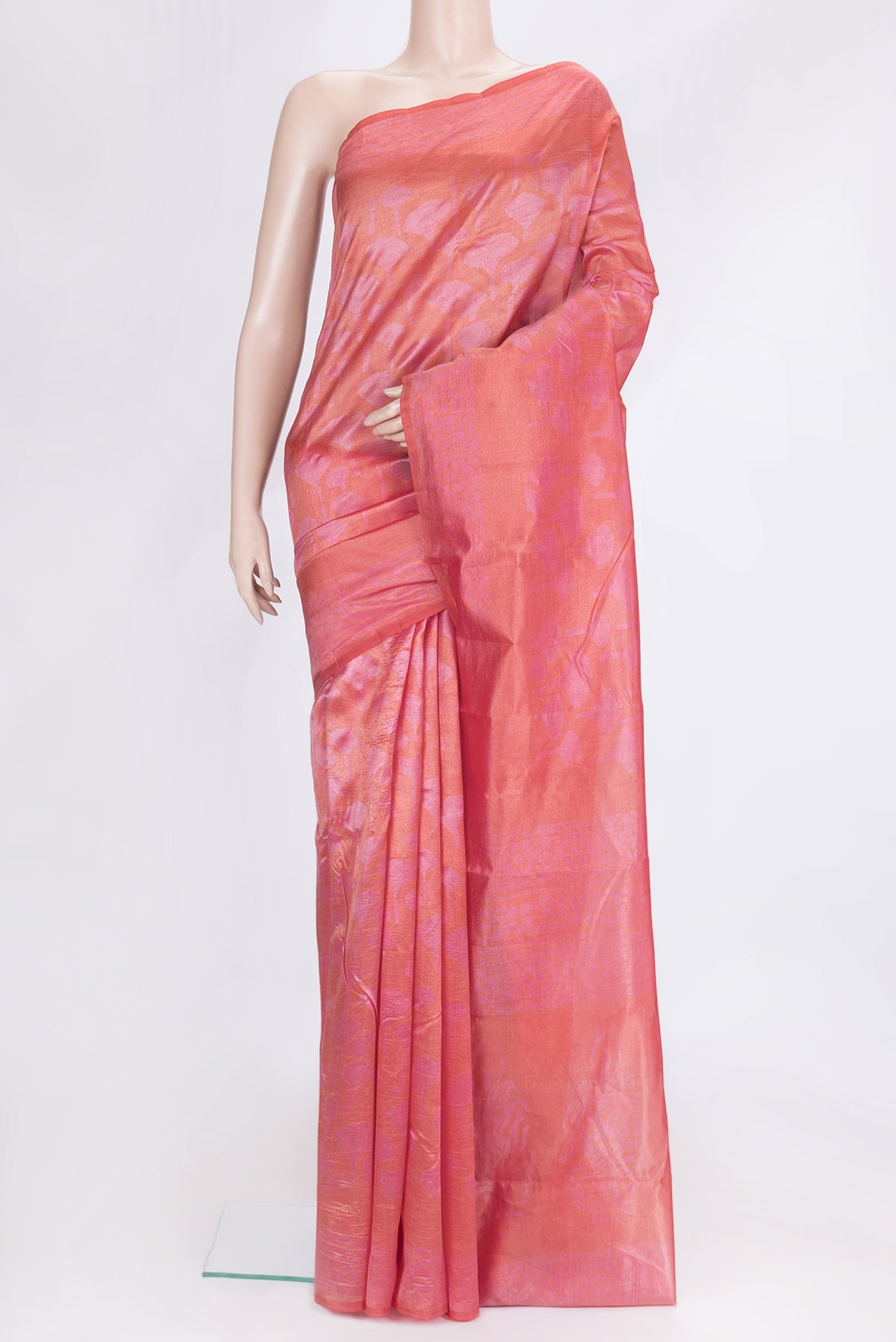 Dark Pink Dual Tone Tussar Silk Saree with Printed design on the body and Printed Border.  displayed on a mannequin