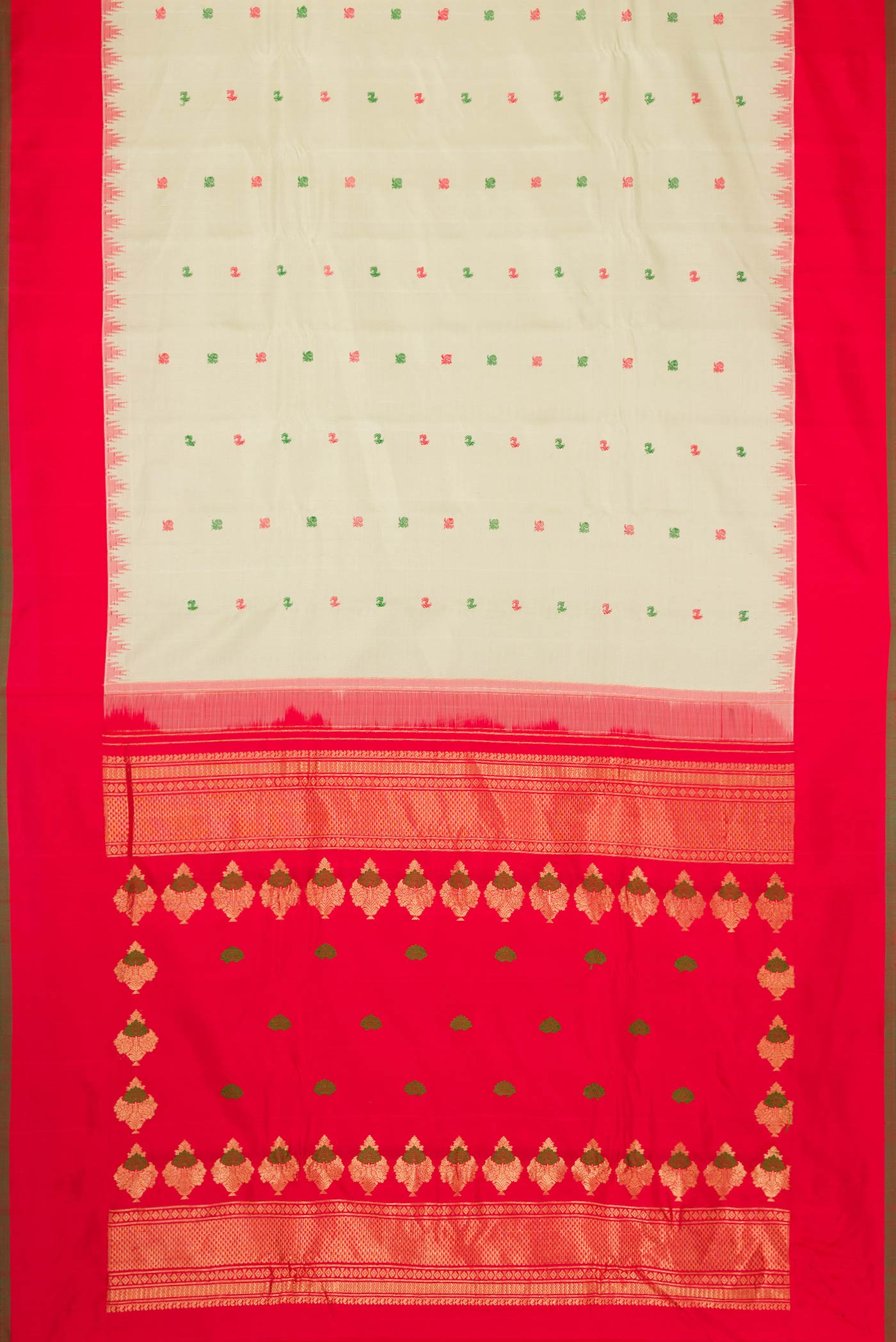 Flat view of Light Green Dual Tone Gadwal Silk Saree with Zari Butta on the body and Zari Border