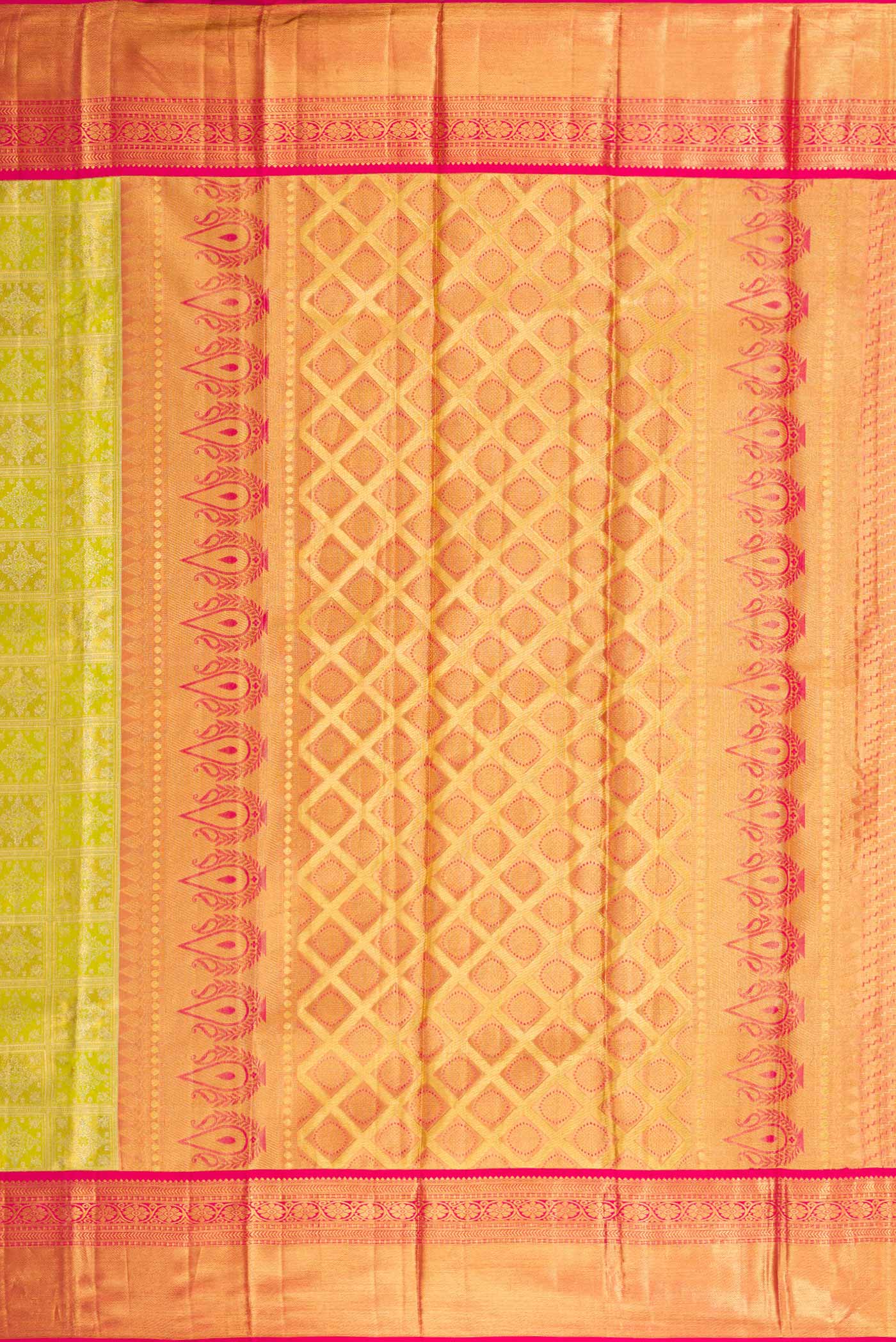 Close up image of the pallu of Pista Green Dual Tone Kanjivaram Tissue Silk Saree with Zari Brocade on the body and Zari Border. 