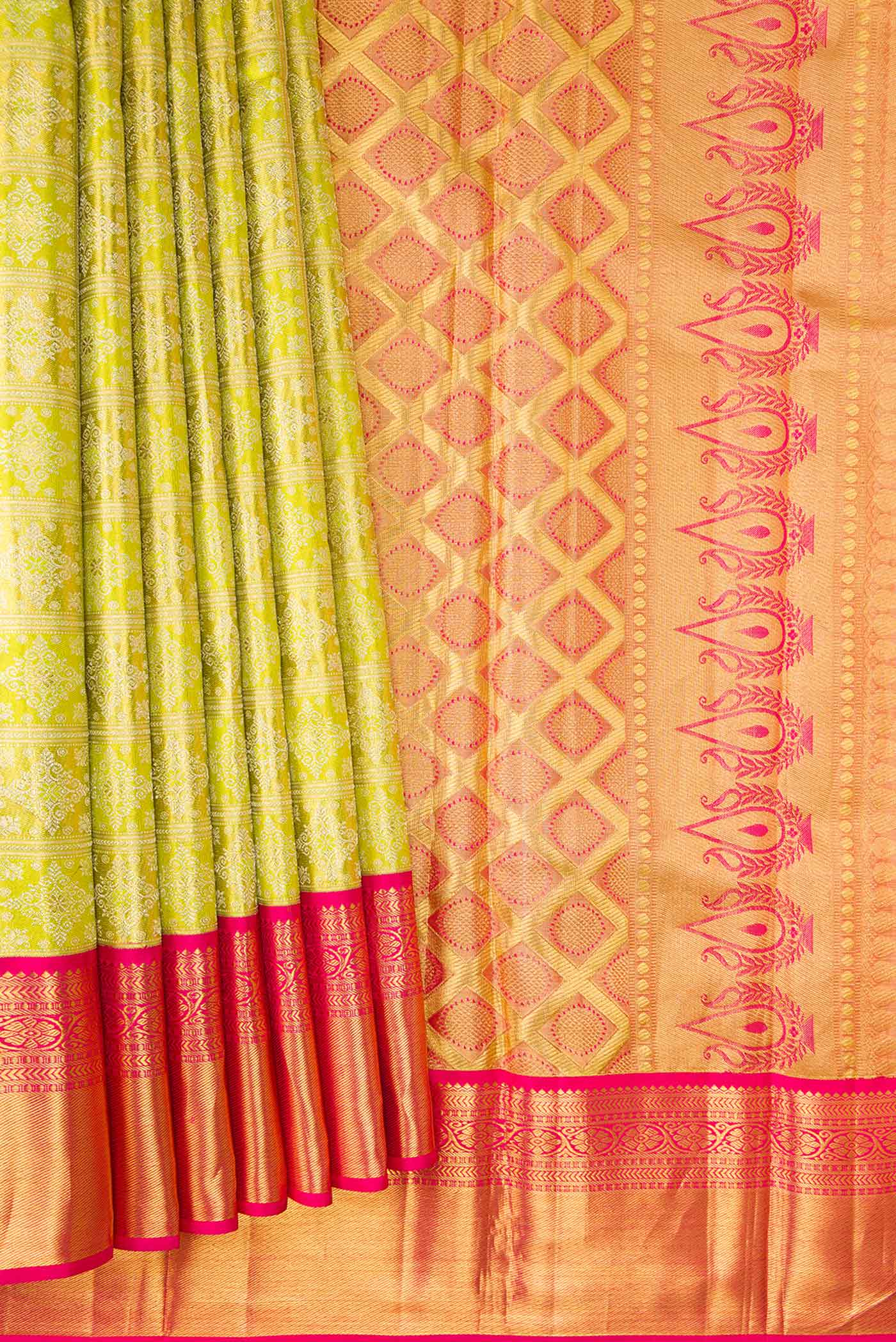 Pleats and pallu of Pista Green Dual Tone Kanjivaram Tissue Silk Saree with Zari Brocade on the body and Zari Border. 
