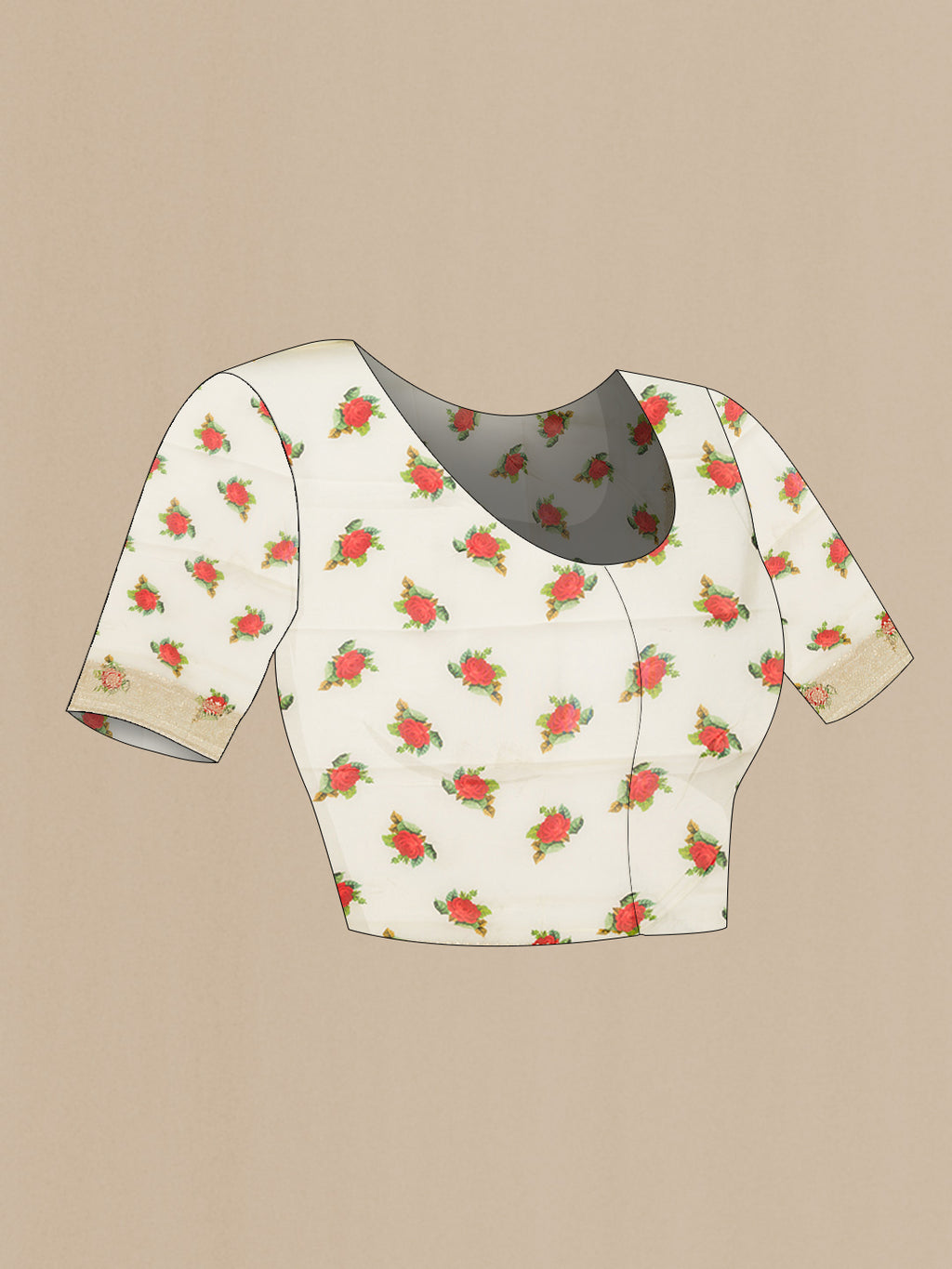 Close up image of the blouse of Off White Dual Tone Mysore Georgette Saree with Zari Butta on the body and Embroidery Border. 