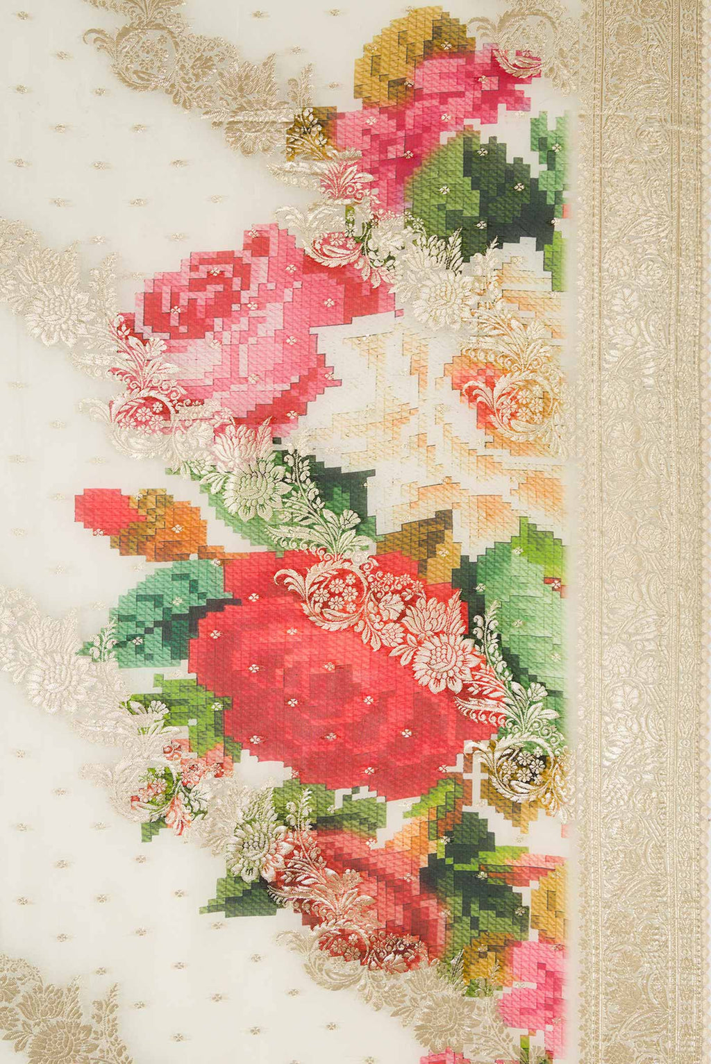 Border image of Off White Dual Tone Mysore Georgette Saree with Zari Butta on the body and Embroidery Border. 