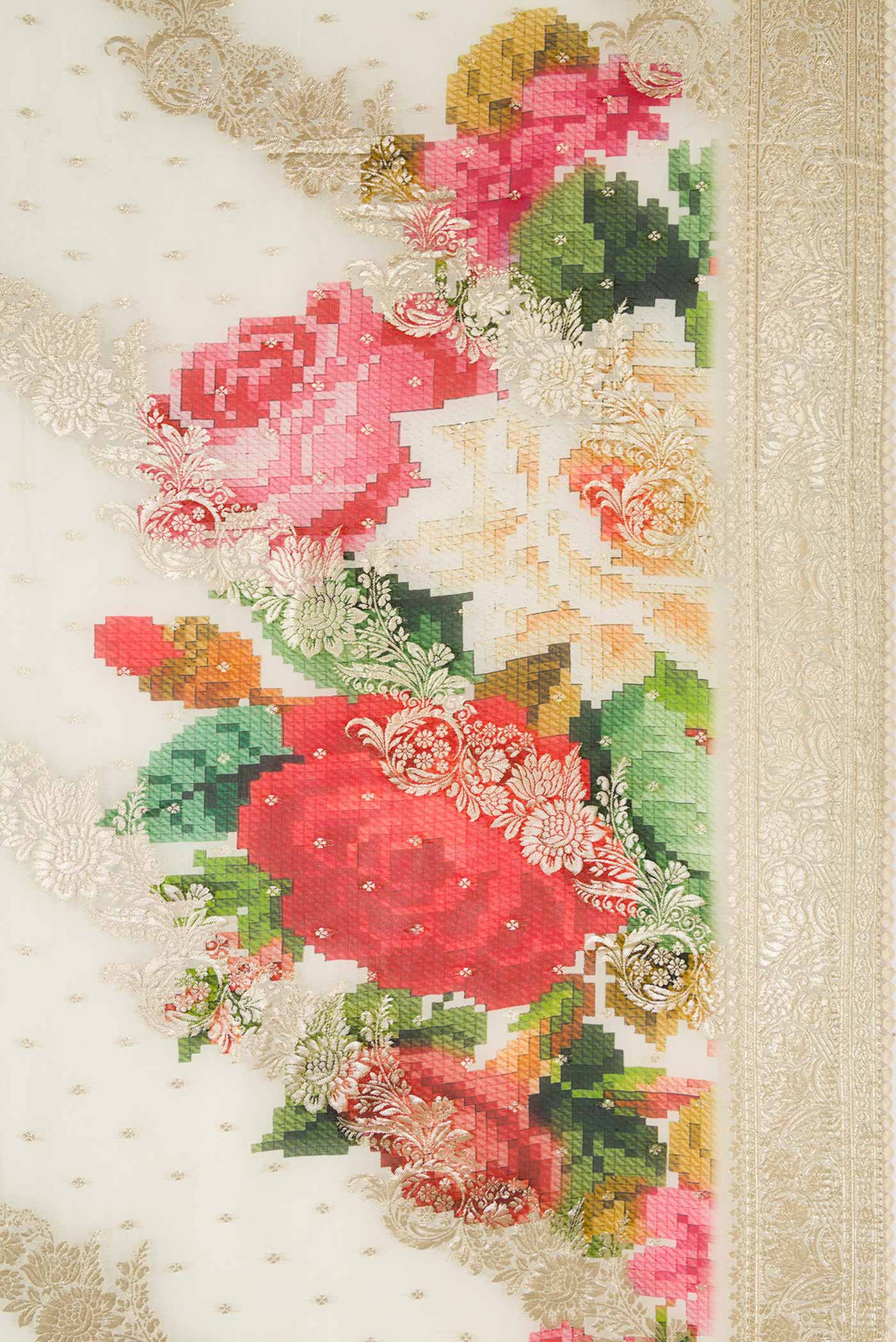 Border image of Off White Dual Tone Mysore Georgette Saree with Zari Butta on the body and Embroidery Border. 