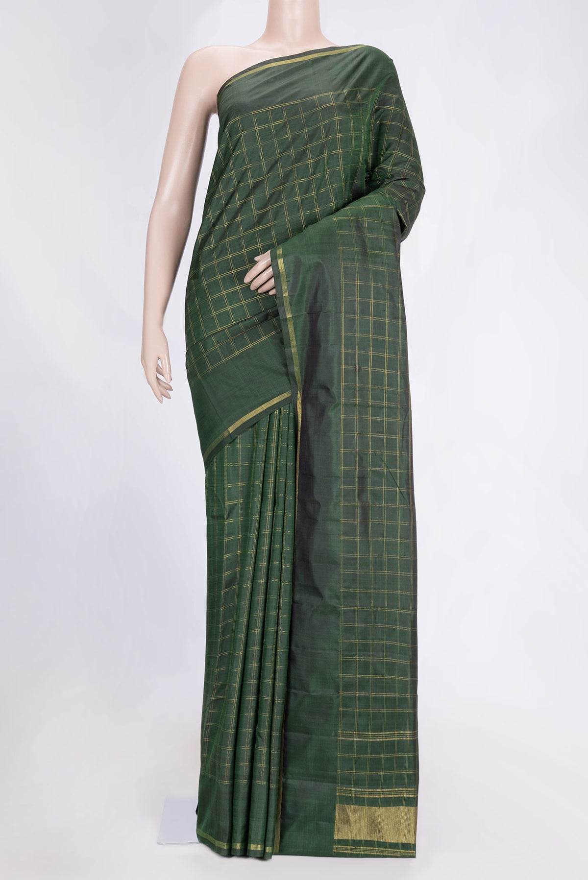 Bottle Green Dual Tone Kanchipuram Saree with Checked design on the body and Zari Border.  displayed on a mannequin