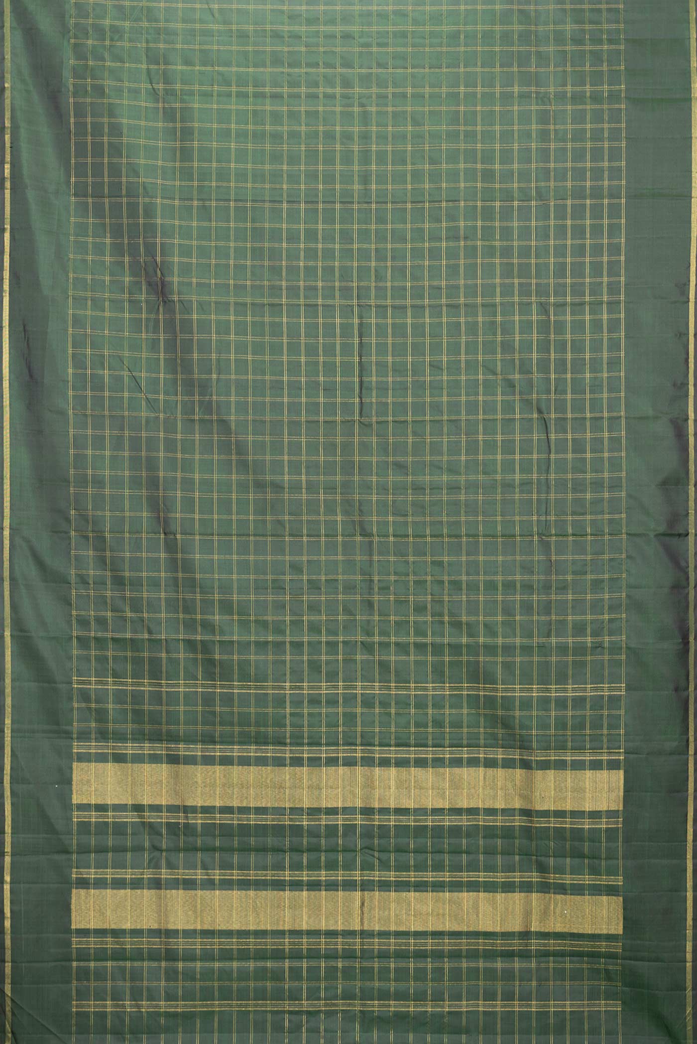 Flat view of Bottle Green Dual Tone Kanchipuram Saree with Checked design on the body and Zari Border. 